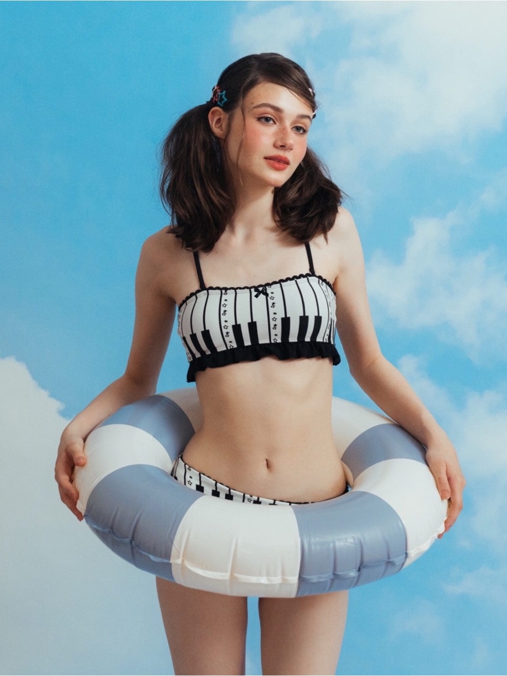 Striped Black & White Bandeau piano key style Bikini Top.